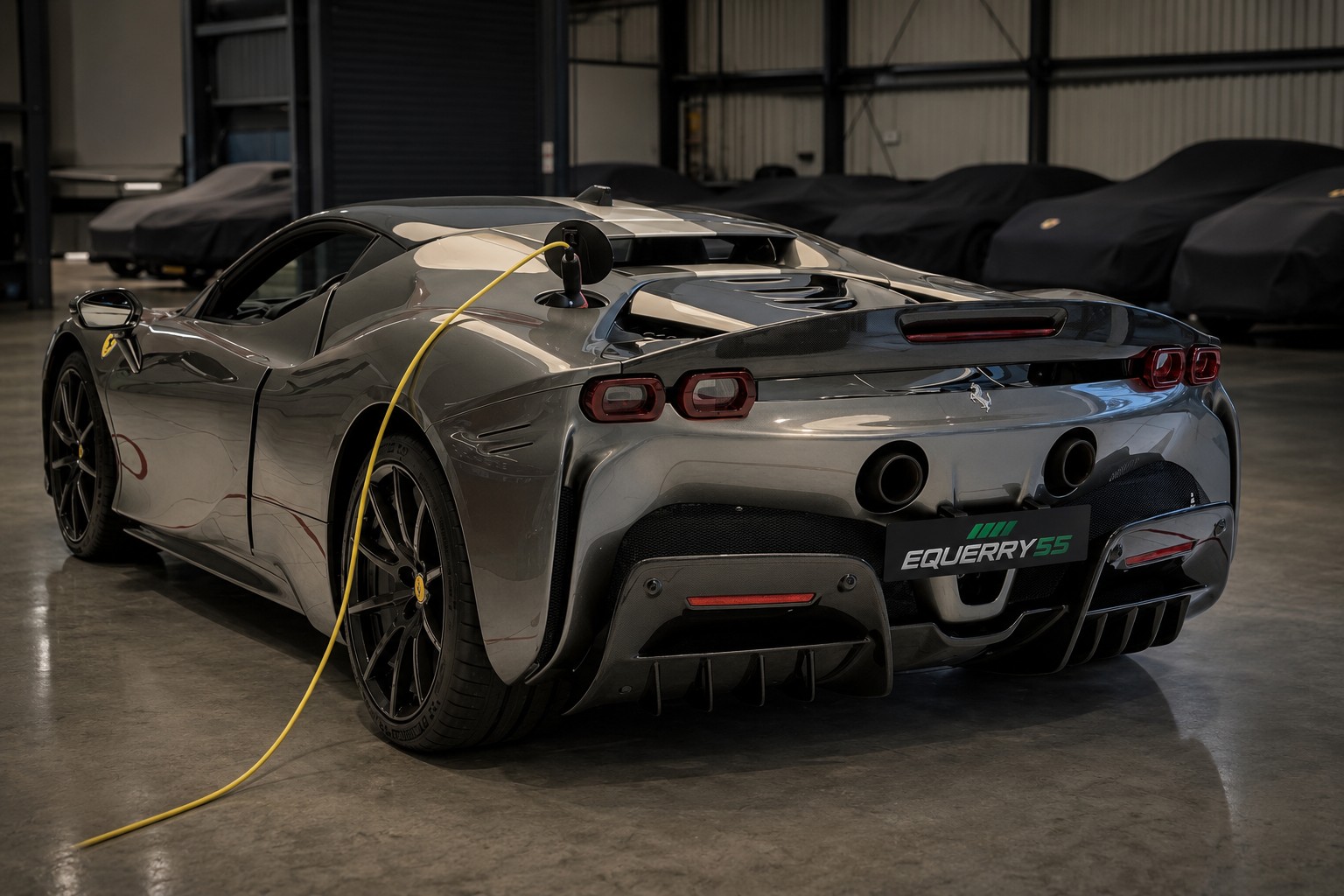 Grey Ferrari SF90 on charge in indoor storage at Equerry 55, rear three-quarter view